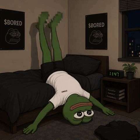 Pepe the Frog lies upside down on a bed with his feet in the air.