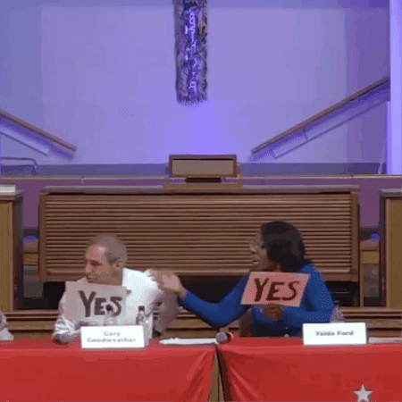 A council chamber scene shows people holding “YES” signs at a table.