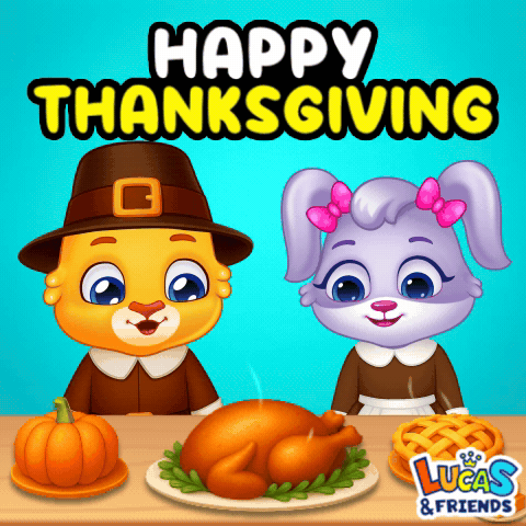 a cartoon illustration of a pilgrim and a bunny wishing happy thanksgiving