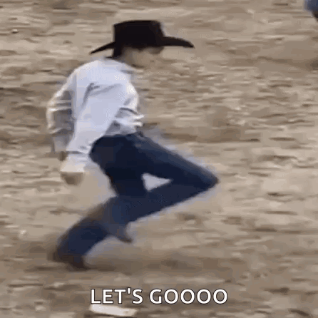 A child in a cowboy hat runs or dances across sand with “LET'S GOOOO.”