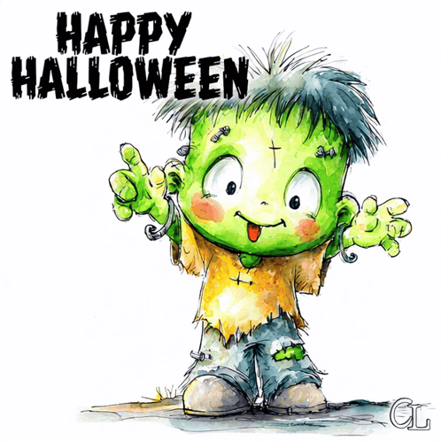 a cartoon drawing of a green monster with the words happy halloween written above it