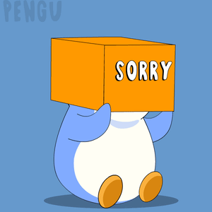 A penguin carries an orange box labeled “SORRY.”