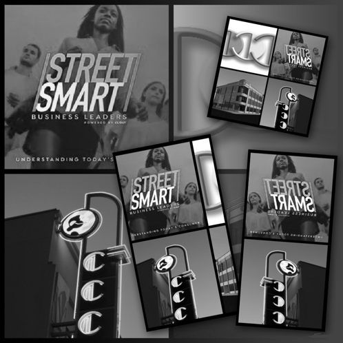a black and white collage of street smart business leaders posters