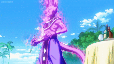 a purple cartoon character is standing in front of a table with a bottle of wine .
