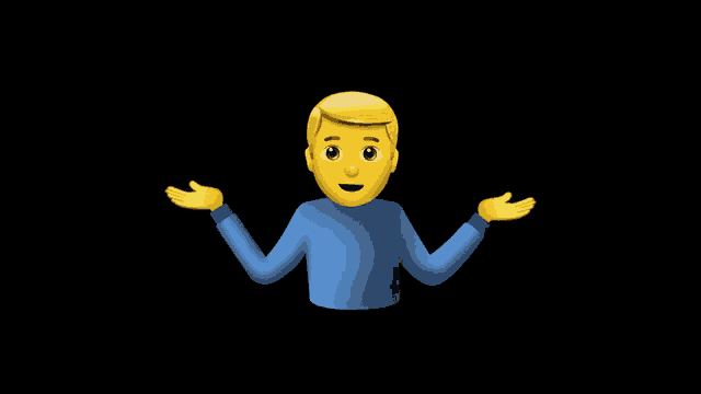 A blond shrugging emoji raises both hands on a black background.