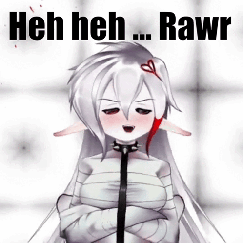 a picture of a girl with a heart on her head and the words heh heh rawr above her