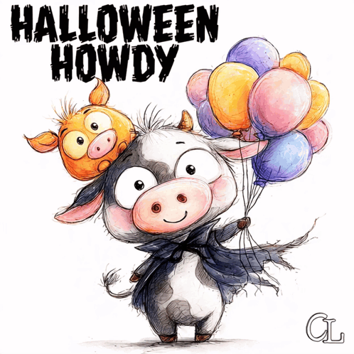 a cartoon cow holding balloons with the words halloween howdy below it