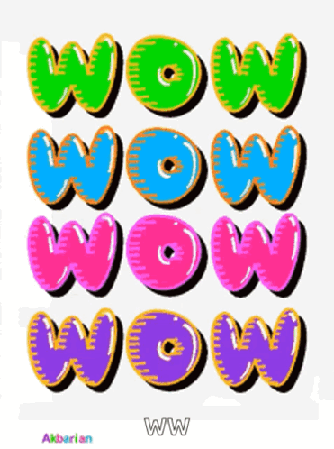 Colorful stacked “WOW WOW WOW WOW” lettering fills a white background.
