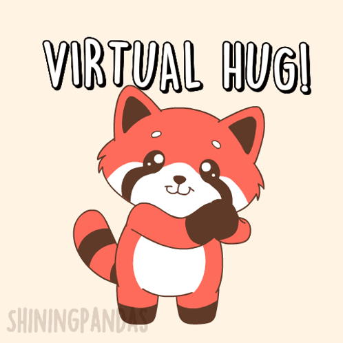 A red panda character hugs itself under “VIRTUAL HUG!” text.
