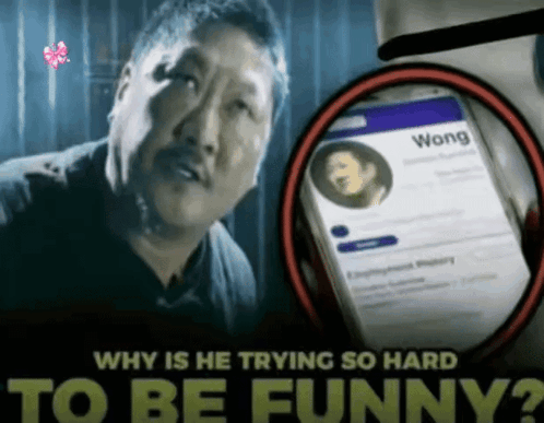 A man beside a phone profile screen asks why someone is trying so hard to be funny.