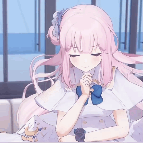 a girl with pink hair is praying with her hands folded in front of a window