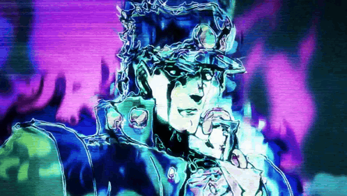 a purple and blue painting of a man with a hat