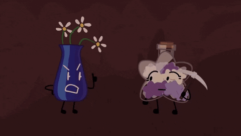 a cartoon character with a sad face is standing next to a purple star shaped object