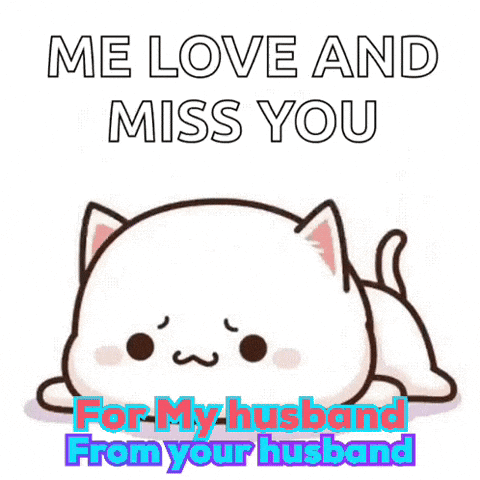 a white cat is laying down with the words `` me love and miss you for my husband from your husband '' written on it .