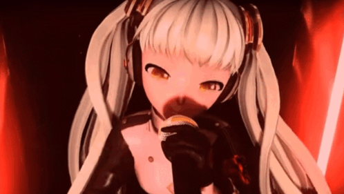 a girl with white hair and headphones is holding a microphone