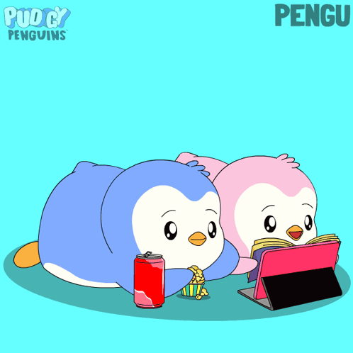 Two Pudgy Penguins relax together, one reading a book and one holding a drink.