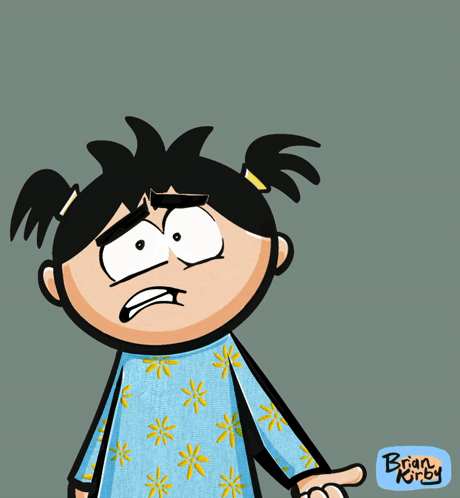 Cartoon child looks worried while a small caption references good luck.