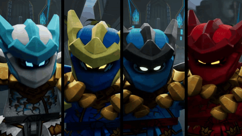 four different colored ninjas are standing next to each other in a row