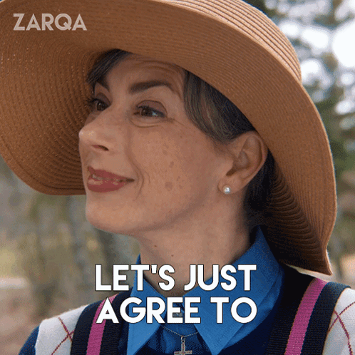 a woman wearing a hat and sweater says " let 's just agree to "