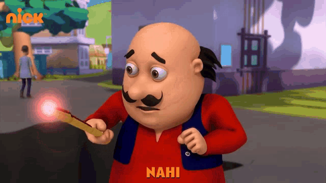 a cartoon character with a mustache and the name nahi