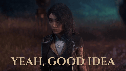 a woman is standing in a field with the words " yeah good idea " below her
