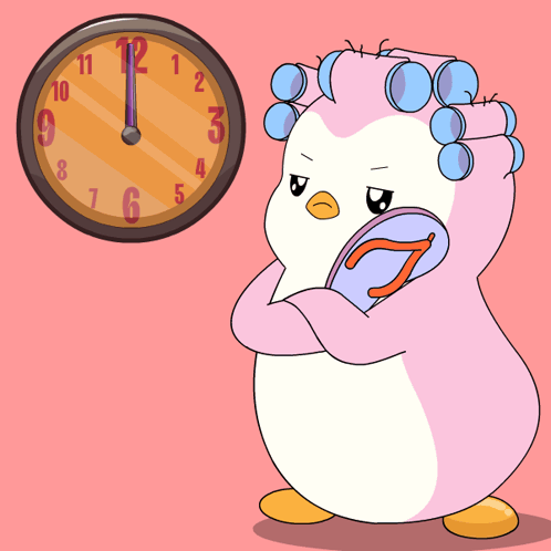 A pink penguin in curlers points at a clock in frustration.