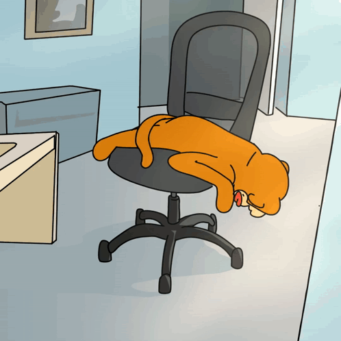 An orange cartoon cat sprawls face-down across an office chair.
