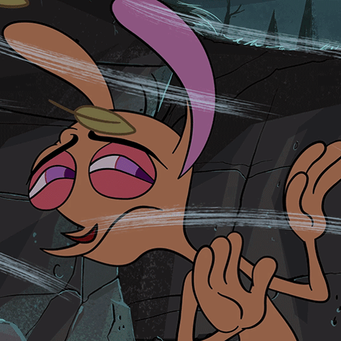Ren grimaces and sticks out his tongue in a dark animated scene.