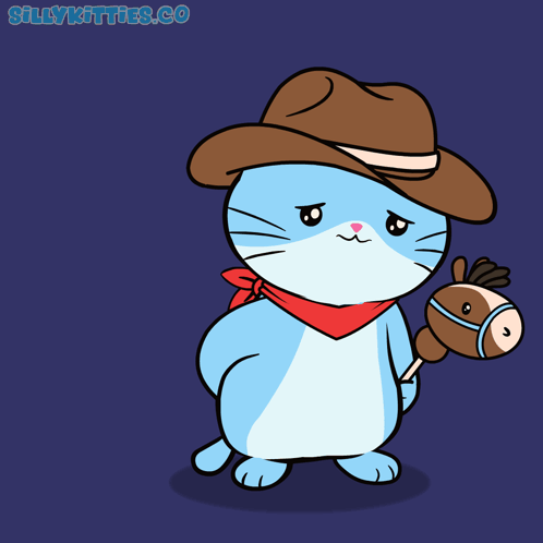 A blue cowboy cat holds a small toy beside a “SORRY” caption.