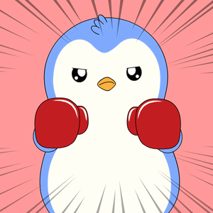 A blue cartoon penguin wears red boxing gloves in a fighting pose.