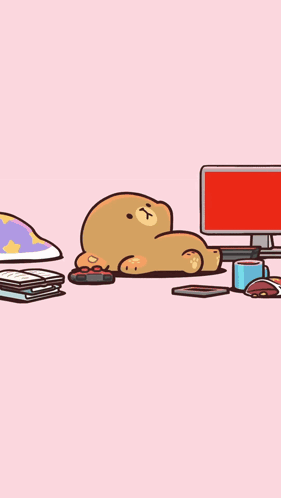 A tiny cartoon bear lies facedown beside scattered food on a pink floor.