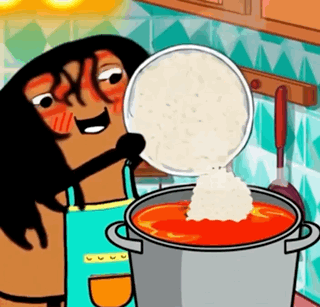 a woman is pouring rice into a pot of tomato sauce .