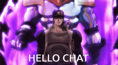 a cartoon character is standing in front of a purple background with the words hello chat written on it