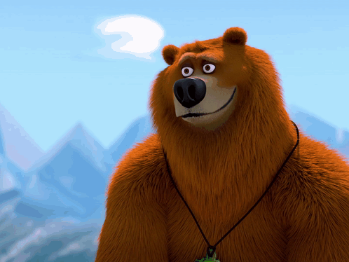 a cartoon bear with a necklace around his neck looks at the camera