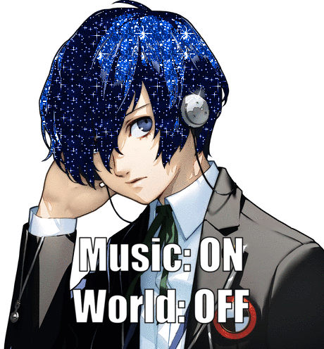 a man with blue hair is wearing headphones and the words music on world off