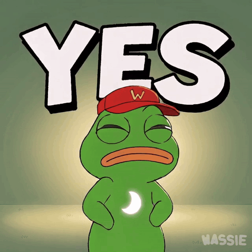 a green frog wearing a red baseball cap says yes