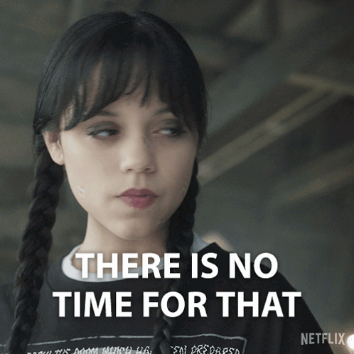 Wednesday Addams stares sternly with the caption “THERE IS NO TIME FOR THAT.”