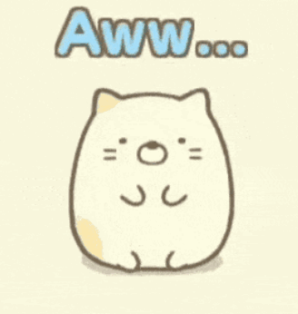 A round Sumikko Gurashi cat looks down sadly beneath “Aww...” text.