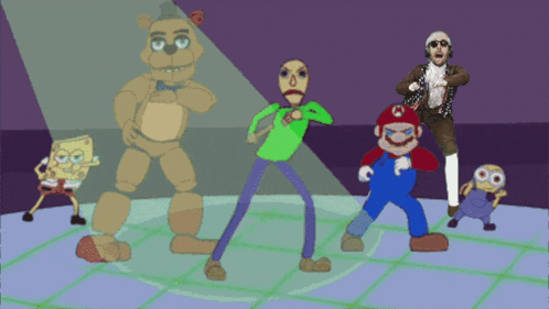 a group of cartoon characters including mario and spongebob are dancing on a stage