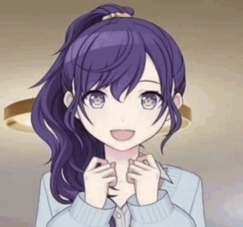 a close up of a girl with purple hair and blue eyes making a funny face .