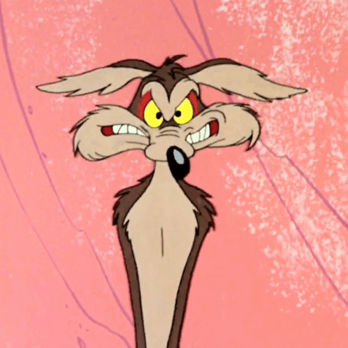 a close up of a cartoon coyote with a pink background