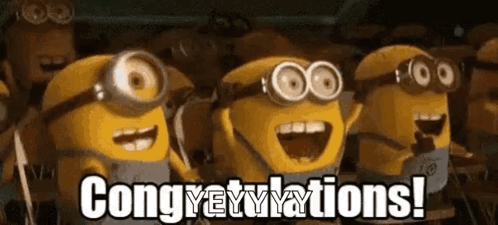 Three Minions cheer together with a large “Congratulations!” caption.
