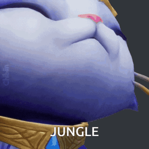 A close-up of a white-and-blue game character is captioned “JUNGLE.”