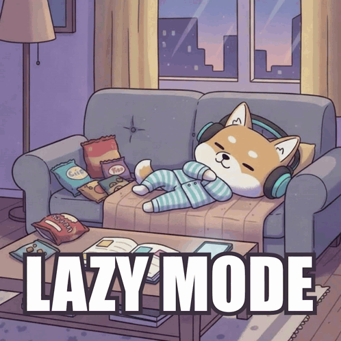 A cartoon Shiba Inu relaxes on a snack-filled couch under “LAZY MODE.”