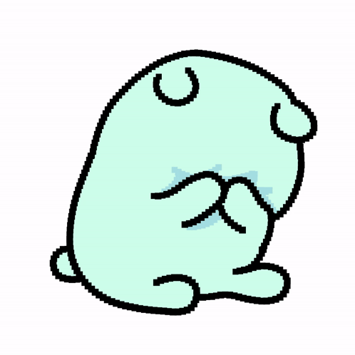A pale blue cartoon bear lowers its head apologetically.