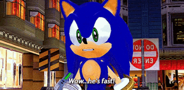 sonic the hedgehog says wow he 's fast in front of a stop sign