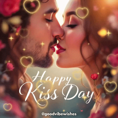 a man and a woman kissing with the words happy kiss day in the background