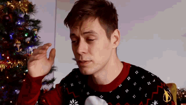 a man wearing a red and black sweater with a christmas tree in the background
