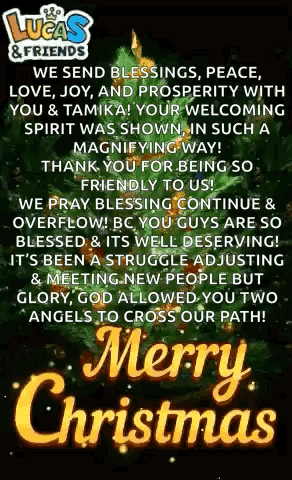 a lucas and friends merry christmas card with a christmas tree on it
