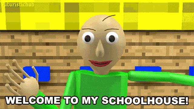 a cartoon character with the words welcome to my schoolhouse on the bottom